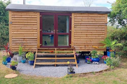 a small wooden cabin with plants in a yard at Reggies Hideaway a secluded off grid Shepherds hut in Saint Hilary
