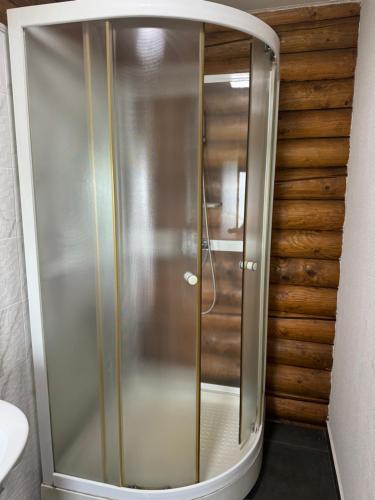 a shower with a glass door in a bathroom at ЕЛІТ in Svalyava