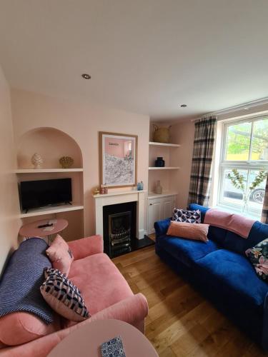 a living room with two couches and a fireplace at City Cottage in Lincoln