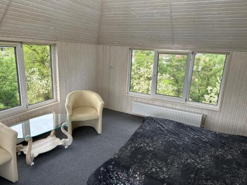 a bedroom with a bed and a desk and windows at ЕЛІТ in Svalyava