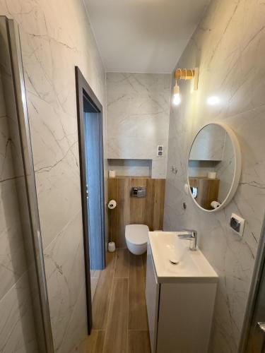 a bathroom with a sink and a toilet and a mirror at Villa Pati in Rewa