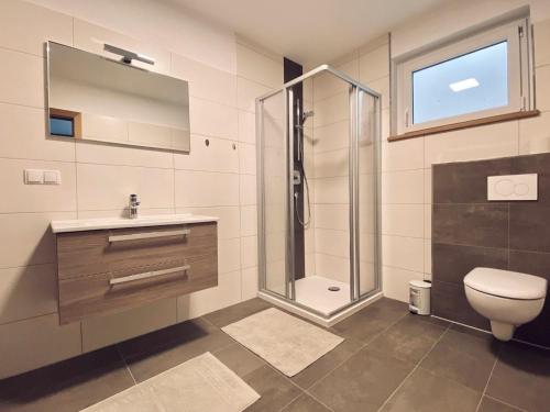 La salle de bains est pourvue d'une douche, de toilettes et d'un lavabo. dans l'établissement Cozy holiday apartment in the Salzburger Land, à Wagrain