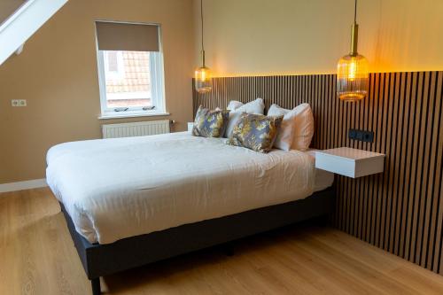 1 dormitorio con 1 cama grande con almohadas en B&B Dijkhuis en Vrouwenpolder