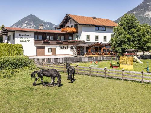 two horses grazing in a field in front of a house at Apartment in Strass im Zillertal in a beautiful setting in Strass im Zillertal