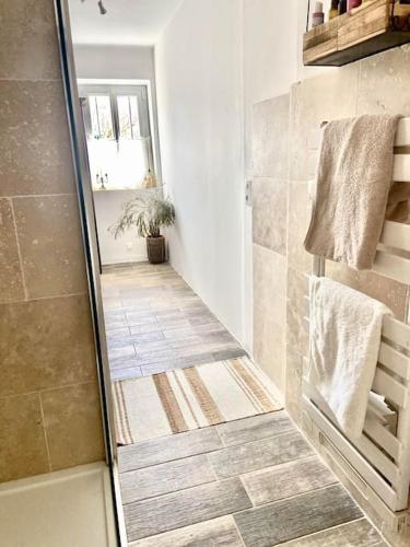 une salle de bain avec douche avec une porte arrière de douche en verre dans l'établissement Maison avec jardin et 3 petits chats , proche du Chateau Lacoste, à Le Puy-Sainte-Réparade