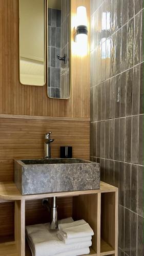 une salle de bain avec un lavabo et un miroir dans l'établissement Moulin Moulin Maison d'Hôtes, à Dannes