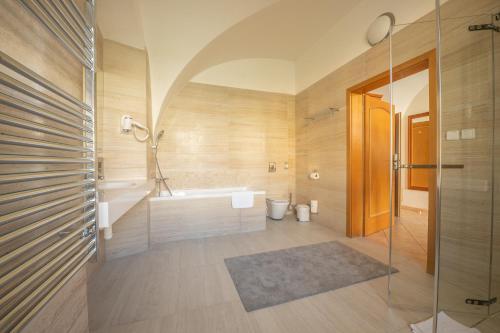 a bathroom with a tub and a sink and a shower at Hotel Belcredi in Brno