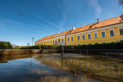 a yellow building with a reflection in a body of water at Hotel Belcredi in Brno