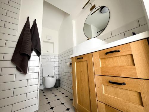 a bathroom with a sink and a mirror and a toilet at Old stone house Klarić in Brela