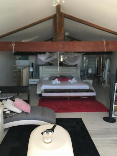 1 dormitorio con 1 cama grande en Chateauneuf du Pape - Chez Marie-suite loft parentale - Idéale pour 2 adultes - 2 enfants - vue panoramique - terrasse - Jacuzzi en option, en Châteauneuf-du-Pape
