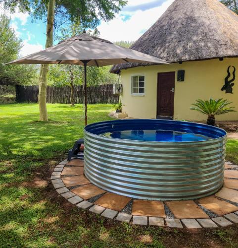 a pool with an umbrella next to a house at Ditholo Game Lodge Bela Bela in Bela-Bela