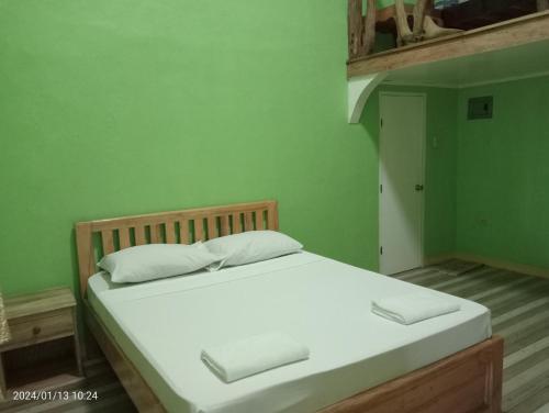 uma cama num quarto verde com duas almofadas brancas em Goldsky Seaview Budjong em San Juan
