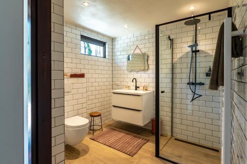 een badkamer met een wastafel, een toilet en een douche bij Bed en Boshuisjes in Oisterwijk