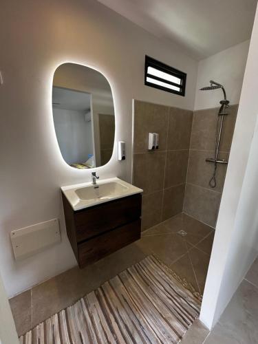 uma casa de banho com um lavatório e um espelho em MOOREA CHILL and BEACH LODGE em Teavaro