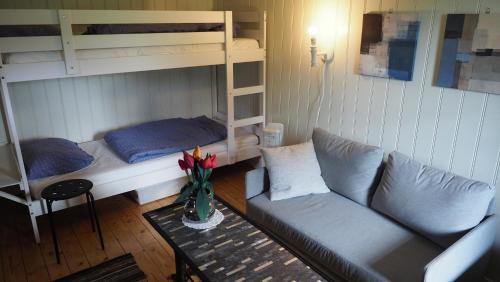 a living room with a couch and bunk beds at Riverside Bliss - Cozy Cabin near Tvedestrand with WiFi and Deck in Vegårshei
