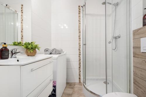 un bagno bianco con doccia e lavandino di Vistula River Apartment a Cracovia