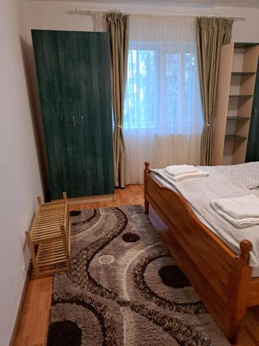 um quarto com uma cama e um tapete em DÉNY APARTMAN em Sfântu Gheorghe
