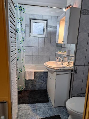 a bathroom with a sink and a tub and a toilet at DÉNY APARTMAN in Sfântu-Gheorghe