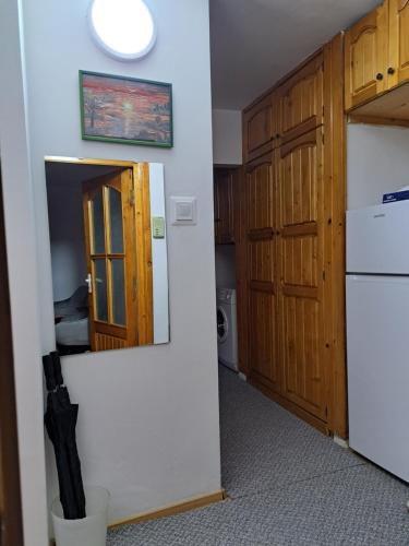 a small kitchen with a mirror and a refrigerator at DÉNY APARTMAN in Sfântu-Gheorghe