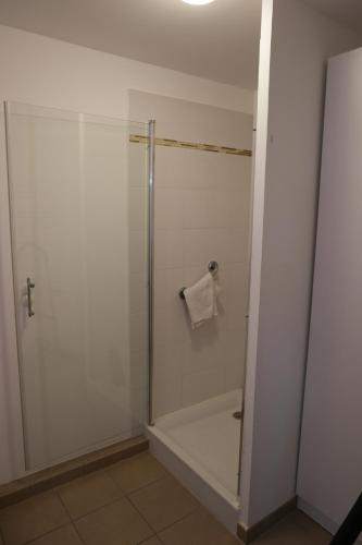 une salle de bain avec une douche avec une porte vitrée dans l'établissement Lavandoule, à Gréoux-les-Bains