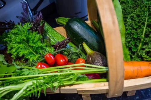 a basket full of vegetables on a table at The Bungalow - Ardullie Lodge in Dingwall