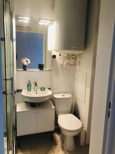 une salle de bain blanche avec des toilettes et un lavabo dans l'établissement Charmant studio à Cabourg Plage, à Cabourg