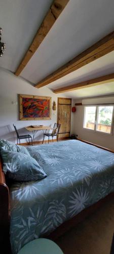 Malissard的住宿－L'OAZIS，一间卧室配有一张大床和一张桌子