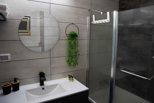 a bathroom with a sink and a shower and a mirror at צימר אדל - Zimmer Adel in Yavneʼel