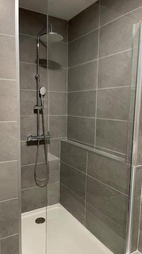 La salle de bains est pourvue d'une douche avec une porte en verre. dans l'établissement Spacieux Appartement Familial *10mn saint Charles*, à Marseille