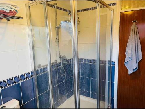 a shower with a glass door in a bathroom at Beautiful One Bedroom Flat in London in Woodford Green