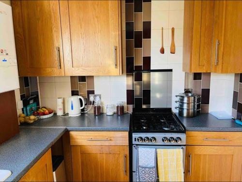 a kitchen with wooden cabinets and a stove top oven at Beautiful One Bedroom Flat in London in Woodford Green