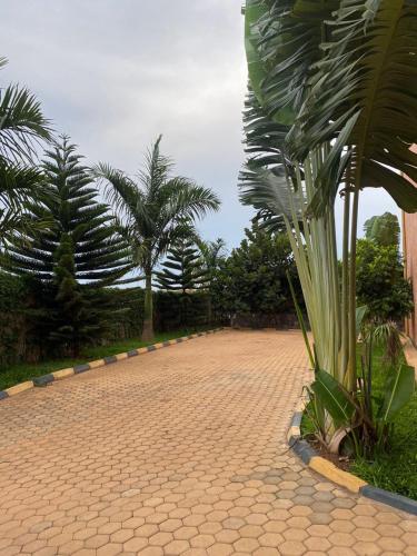 a brick road with palm trees in a park at Explore Iwacu Stay in Kigali