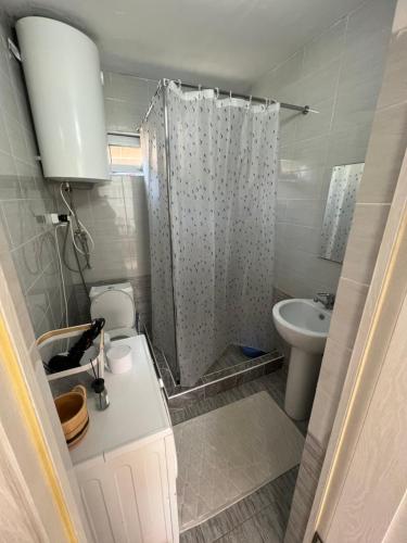 a bathroom with a shower and a toilet and a sink at AiDaMaX 2 in Cholpon-Ata