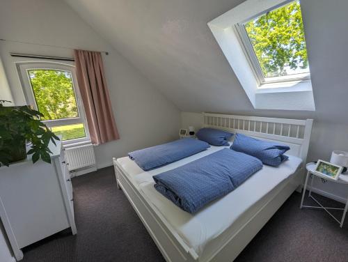 1 Schlafzimmer mit einem Bett mit blauen Kissen und 2 Fenstern in der Unterkunft Ferienwohnung Möhle - Westerstede in Westerstede