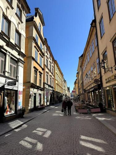 a person walking down a street with a horse at Historisk lägenhet i gamla stan in Stockholm