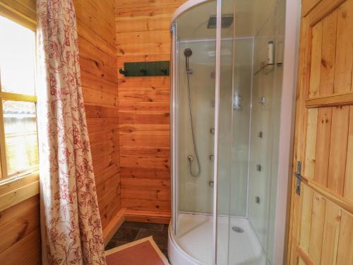 e bagno con doccia e pareti in legno. di Manor Farm Cabin 