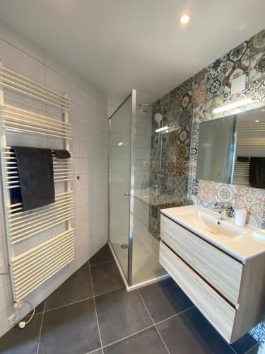 uma casa de banho com um lavatório e um chuveiro em Guesthouse The White House em Klaaswaal