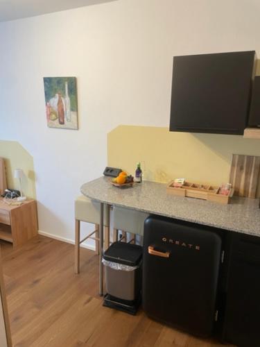 eine Küche mit einer Insel mit einer Arbeitsplatte in der Unterkunft 1 Zimmer Appartement nahe Gmunden Top2 in Pinsdorf