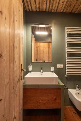 a bathroom with a white sink and a mirror at Casa Bucaneve, con terrazza panoramica sulle Dolomiti in Cortina dʼAmpezzo