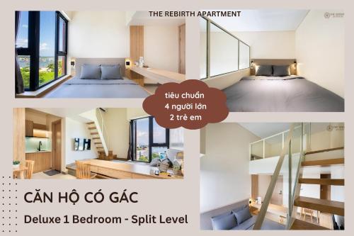 a collage of photos of a room with a bed and a loft level at The Rebirth Apartment Binh Chau Ho Tram in Bà Rịa
