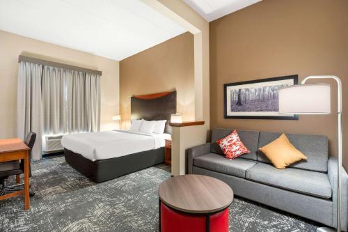 Comfort Suites Columbia at Harbison في كولومبيا: غرفه فندقيه بسرير واريكه