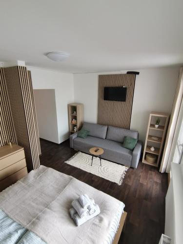 een woonkamer met een bank en een tafel bij Klatovy Apartment in Klatovy