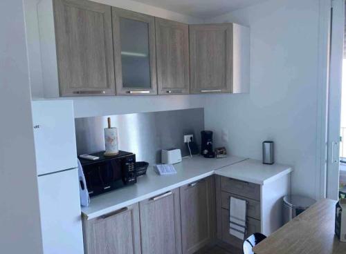une cuisine avec des armoires en bois et un réfrigérateur blanc dans l'établissement Magnifique Appartement vue mer, à Conca