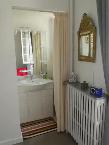 une salle de bain avec un lavabo et un miroir dans l'établissement Le chat bleu suite parentale chez l habitant cuisine partagée, à Beauvoir-sur-Mer
