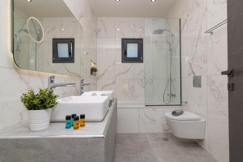 a bathroom with a sink and a toilet and a shower at Villa Casa Liveris by Villa Plus in Akrotiri