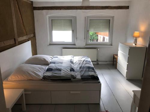 a bedroom with a bed and two windows at Charmantes Haus direkt am Oder-Nationalpark in Lunow