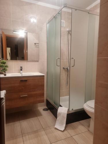 a bathroom with a shower and a sink and a toilet at Minho House in Vieira do Minho
