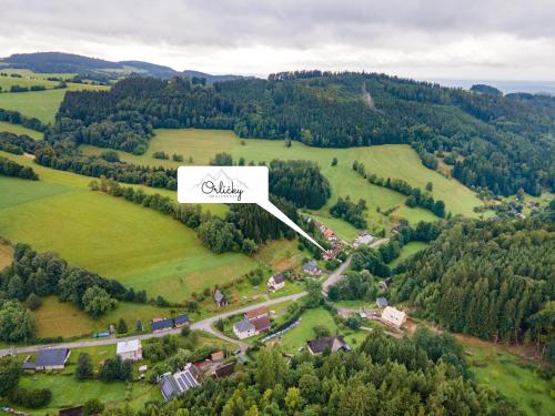 an aerial view of a village in a field at Orličky Apartments in Orličky