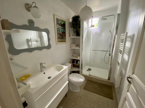 une salle de bain avec toilettes, lavabo et douche dans l'établissement Maison de charme vue sur port, à Capbreton
