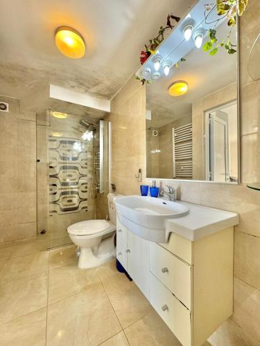 a bathroom with a sink and a toilet and a mirror at Sun Rose Apartments Sveti Stefan in Sveti Stefan
